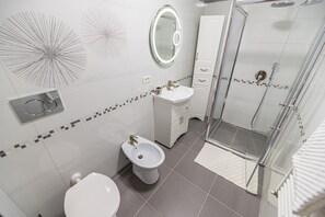 Shower, hair dryer, bidet, towels