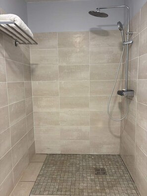 Hair dryer, towels, soap, toilet paper