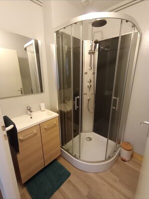 Douche, séchoir  à cheveux, serviettes fournies, savon