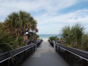 A wooden pathway leading to a beach with palm trees on either side.