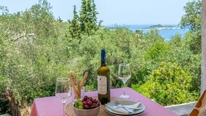 Ein Tisch im Freien mit Blick aufs Meer, eine Weinflasche und eine Obstschale.