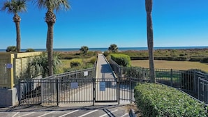 A pathway leading to a beach area with palm trees and a clear view of the ocean. - Classic Coastal Condo, Oceanview, Short Walk to Coligny, & Free New Bikes! (Hilton Head Island)