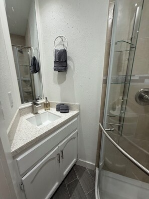 Hair dryer, towels, soap, toilet paper
