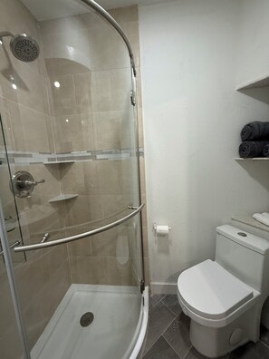 Hair dryer, towels, soap, toilet paper