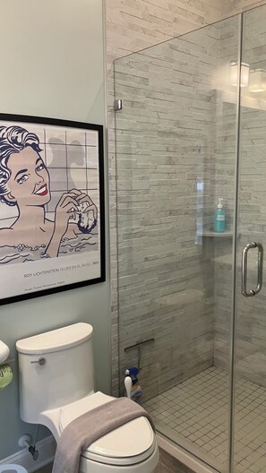 Hair dryer, towels, soap, shampoo