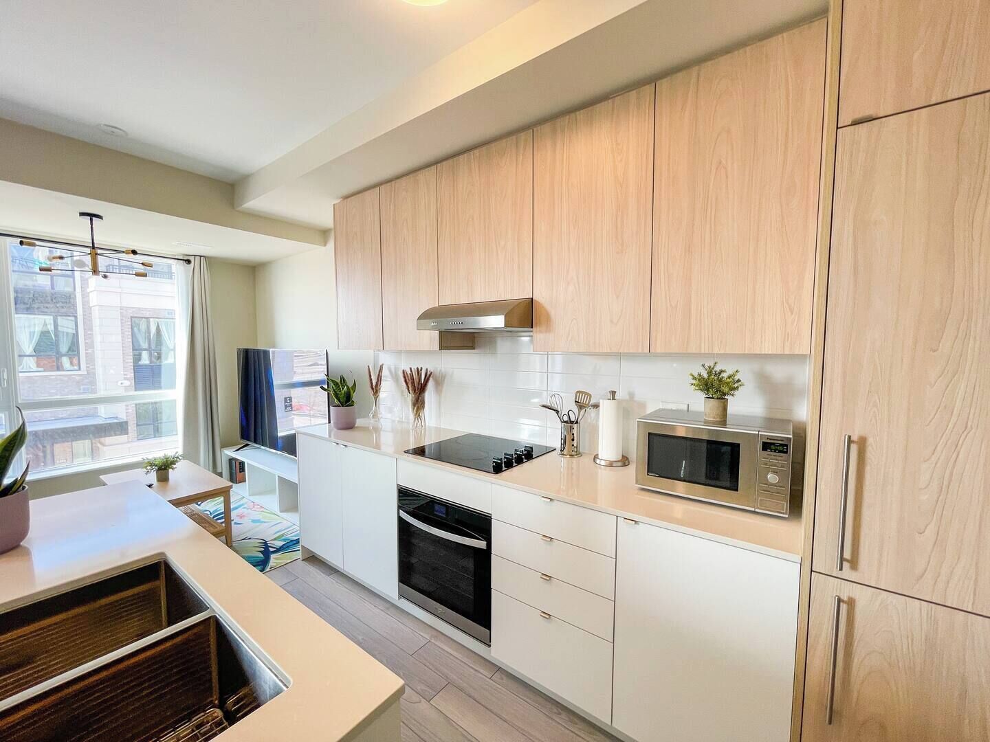 Een microgolfoven, een oven, een kookplaat