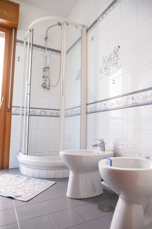 Regadera, secadora de cabello, bidet, toallas