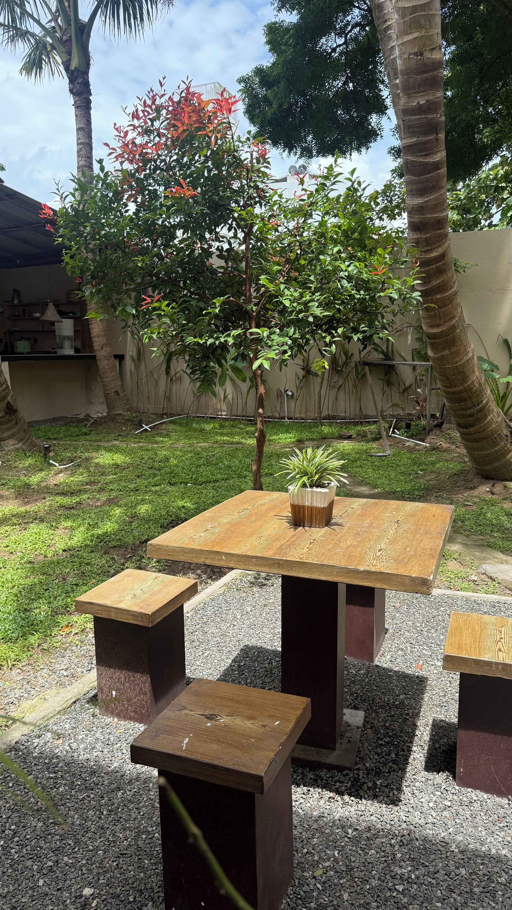 An outdoor seating area with a wooden table and benches, surrounded by greenery and a wall.