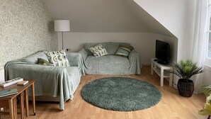 Un dormitorio estilo loft con techo inclinado, dos sofás grises con cojines estampados, un tapete redondo gris, piso de madera, un televisor sobre un pedestal blanco y una planta en maceta.