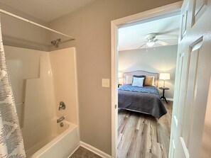 Hair dryer, towels, soap, shampoo