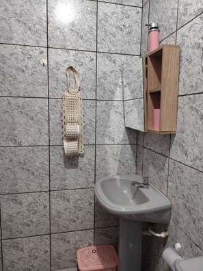 Hair dryer, towels, soap, toilet paper