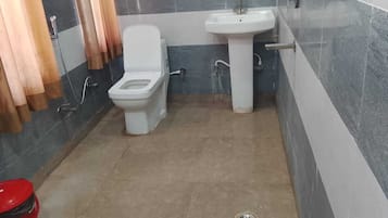 Hair dryer, slippers, towels, soap
