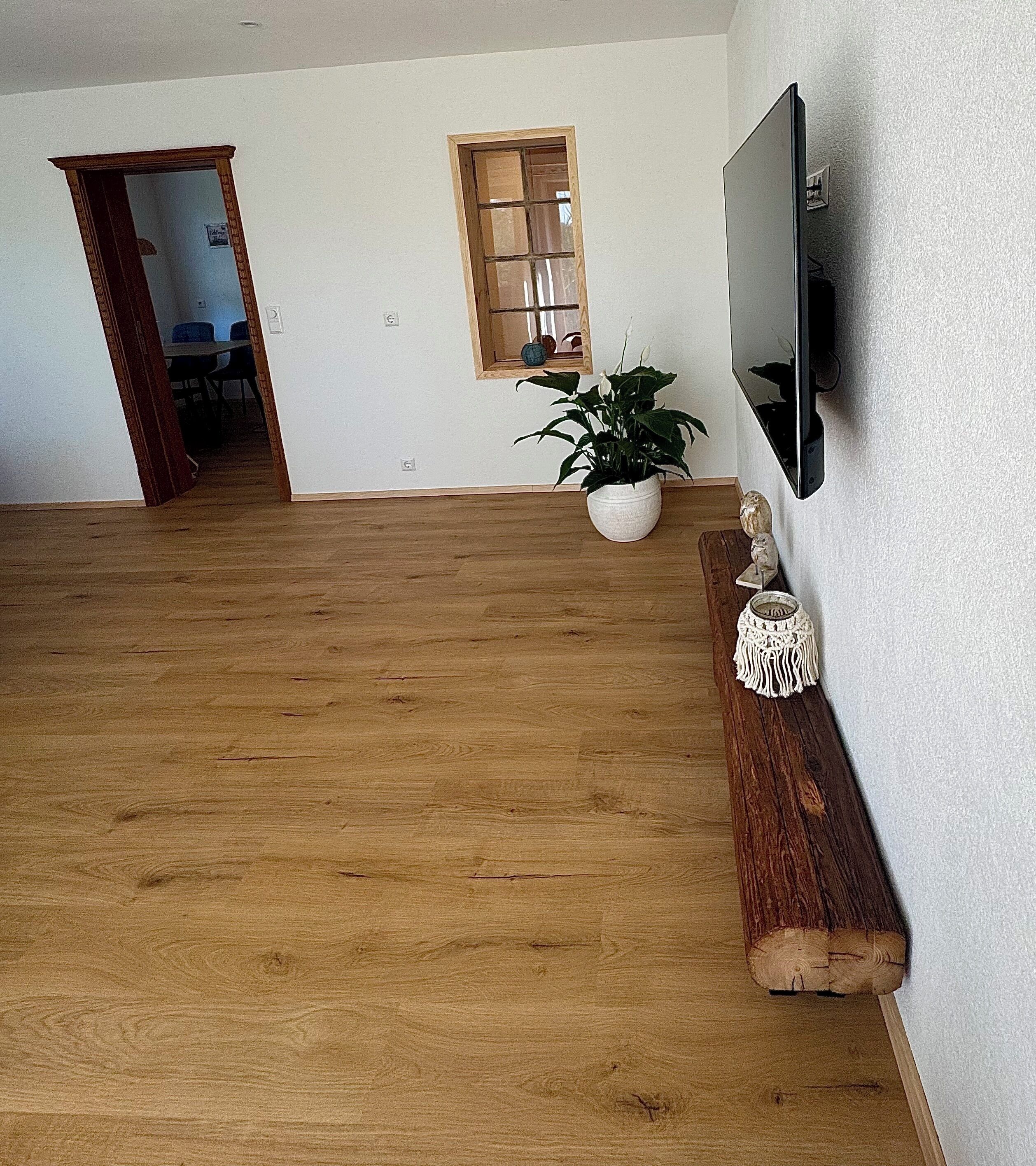 Ein geräumiges Zimmer mit Holzboden, einer großen Topfpflanze, einem dekorativen Wandbehang aus Makramee und einem flachbildfernseher an der Wand.