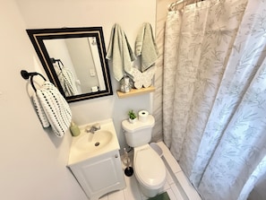 Douche, serviettes fournies, savon, papier toilette
