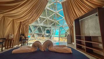 A room with a large bed, a TV, and a view through a geometric window.
