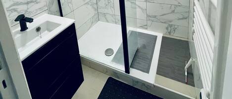 Douche, bidet, serviettes fournies, papier de toilette