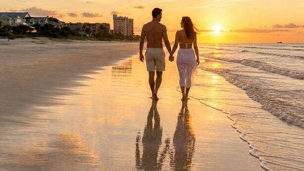 Un couple se promène sur une plage au coucher du soleil, avec des bâtiments en arrière-plan.