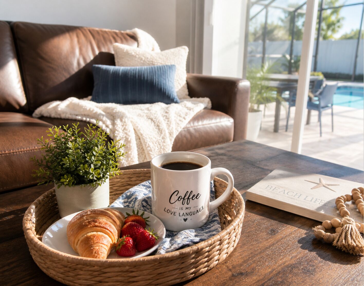 A cozy living area with a leather couch, a coffee mug, a plate with croissants and strawberries, a small potted plant, and a book titled 'BEACH LIFE' on a wooden table.