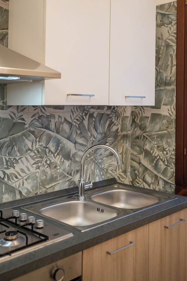 A kitchen with a double sink, a gas stove, and wooden cabinets.