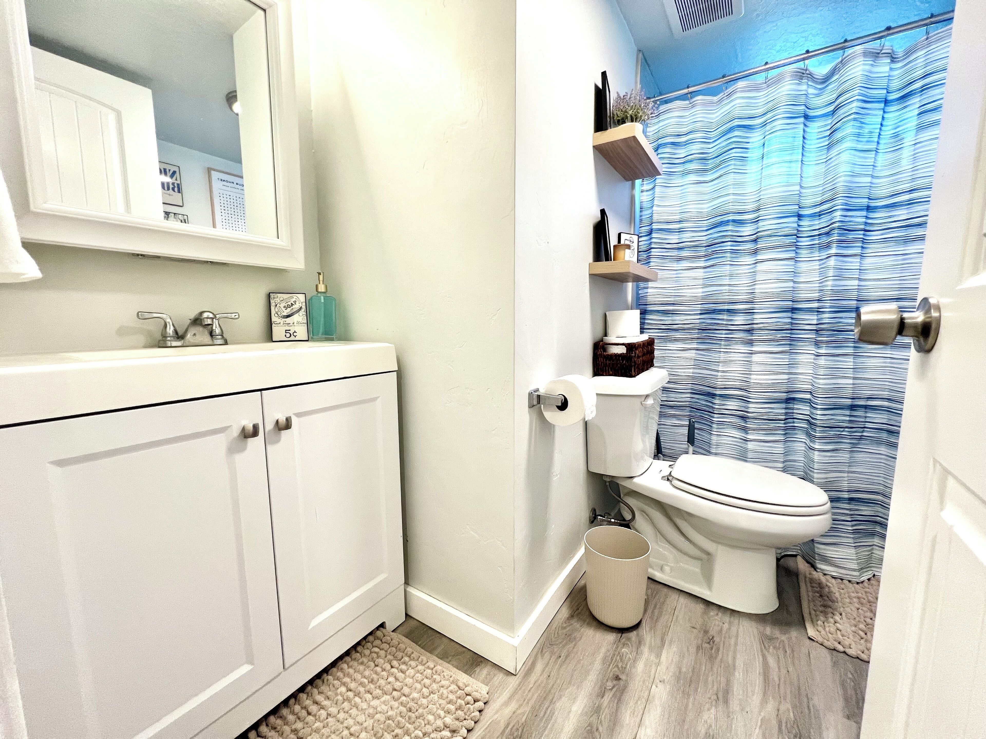 Hair dryer, towels, soap, toilet paper