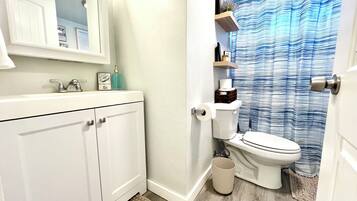 Hair dryer, towels, soap, toilet paper