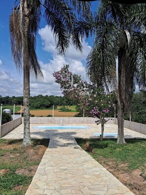 A stone pathway leading to a swimming pool surrounded by palm trees and a flowering tree.