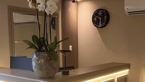 Un espace d’accueil doté d’un comptoir moderne, d’une horloge et d’une orchidée en pot.