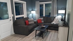 A modern living room with a grey sofa, a coffee table, and a TV stand. There are two windows with curtains, a lamp, and a door. - Home away from Home. Recent secure building. Completely equipped kitchen. (Whitehorse)