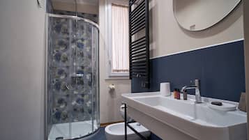 Shower, hair dryer, bidet, towels