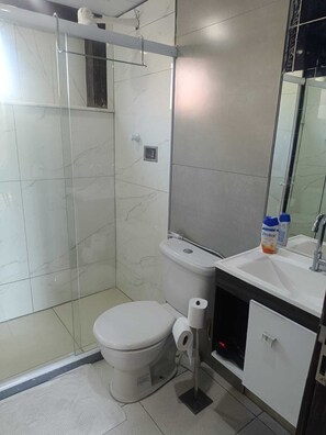 Shower, hair dryer, bidet, towels