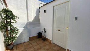 A small, enclosed patio area with a white door, a potted plant, and a metal garden hose.