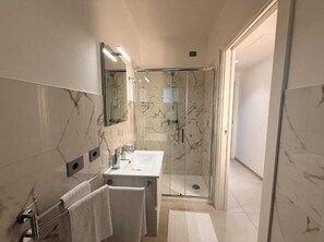 Shower, hair dryer, bidet, towels