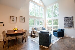 TV connectée, cheminée, livres, chaîne hi-fi