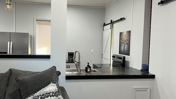Ein modernes Wohnzimmer mit grauem Sofa, einem gemusterten Zierkissen, einer Küchenzeile mit Edelstahlkühlschrank und einem roten Teppich mit Muster.
