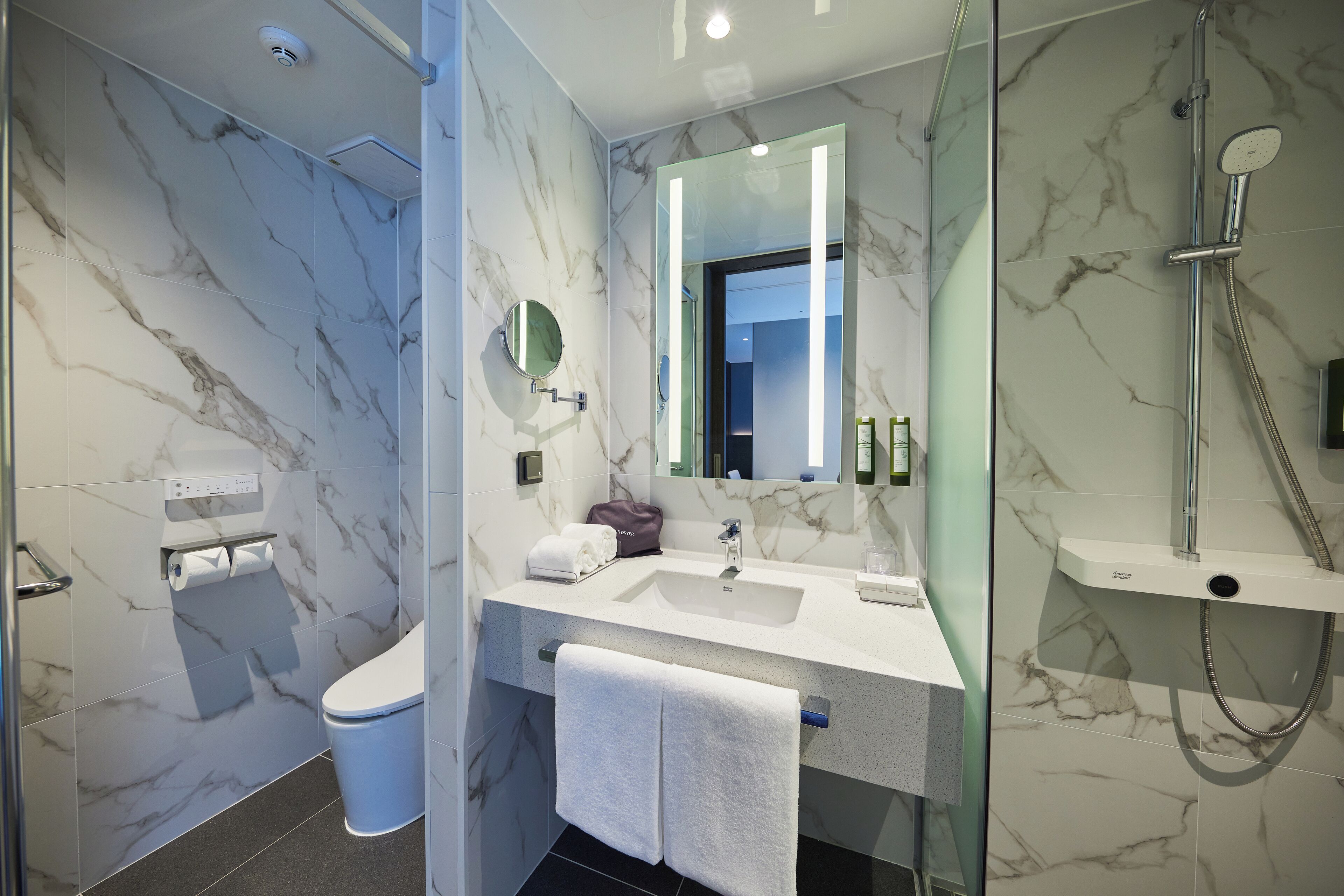 A modern bathroom with a marble backsplash, a glass-enclosed shower, a vanity with a mirror, and a toilet with a paper towel dispenser.