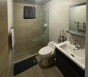 Secadora de cabello, toallas, jabón, papel de baño