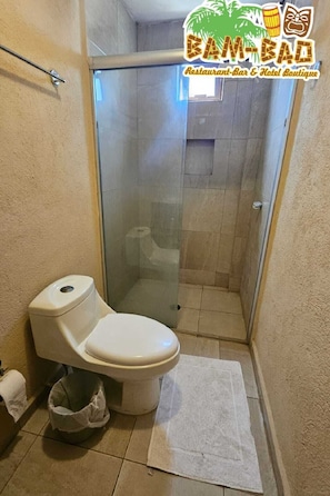 Shower, towels, soap, toilet paper