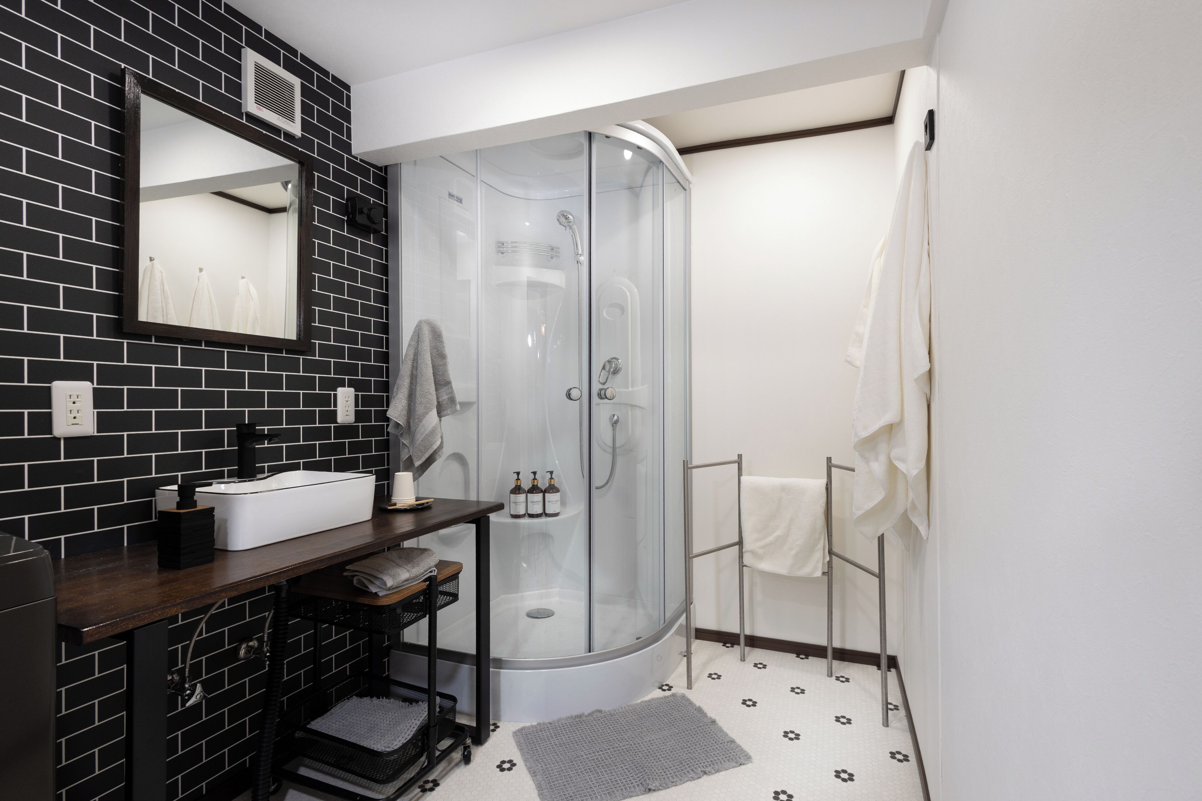 Shower, hair dryer, bidet, towels