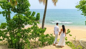 Un couple se promène sur une plage bordée de palmiers, avec une vue sur l’océan.