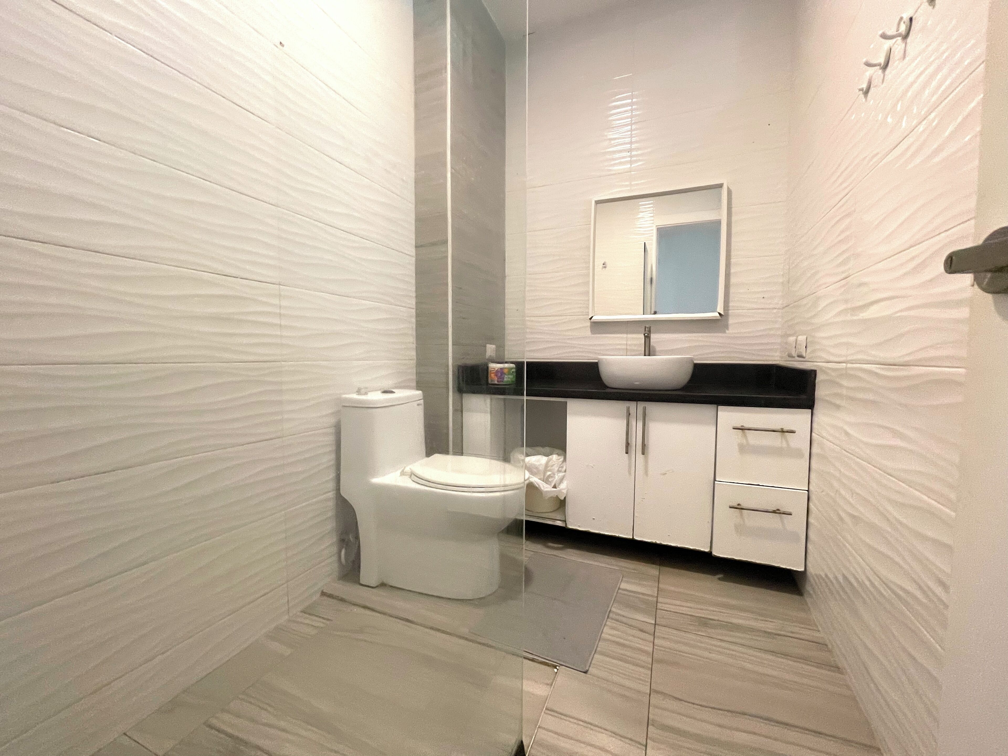 Een moderne badkamer met een wit toilet, een wastafel en een spiegel erboven.