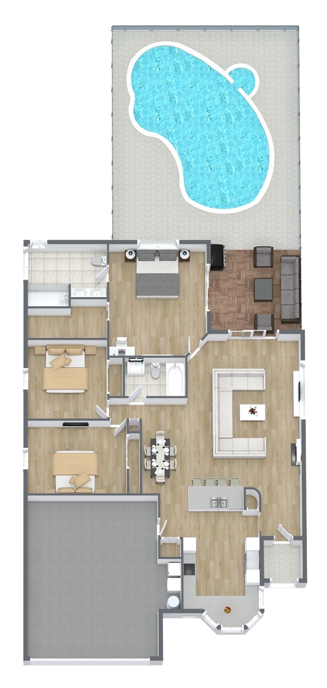 Un appartement de deux étages avec une piscine, un salon, un coin repas, une cuisine et deux chambres.