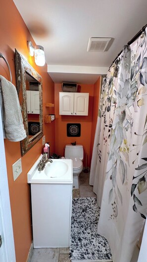 Hair dryer, towels, soap, toilet paper