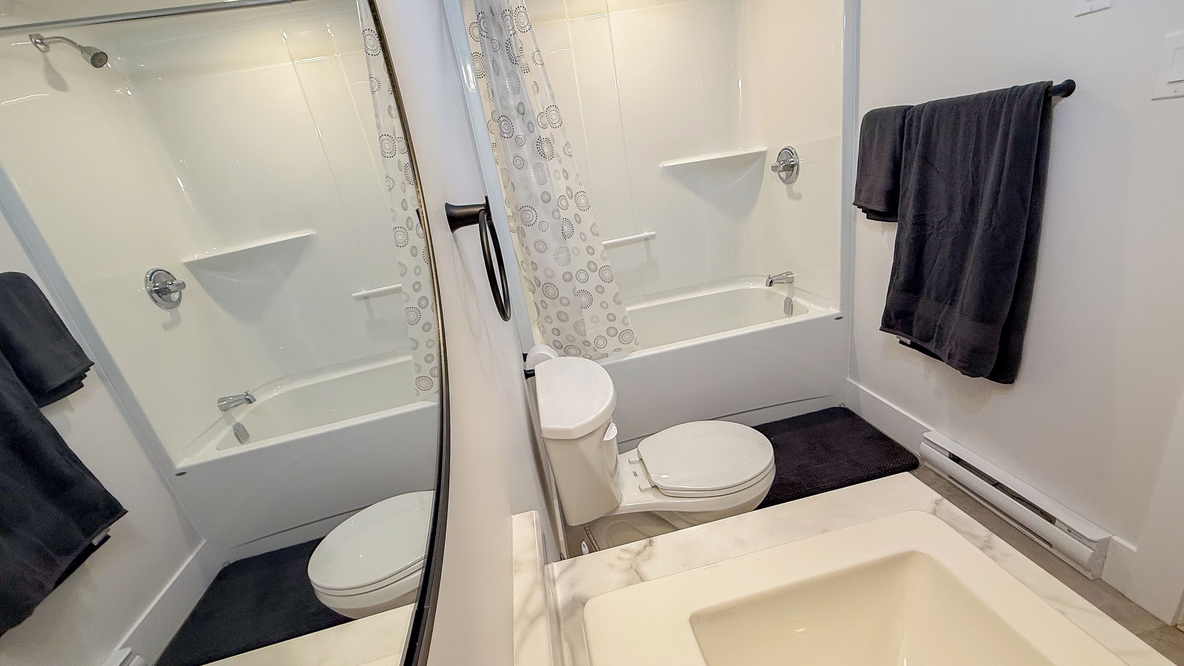 Hair dryer, towels, soap, shampoo