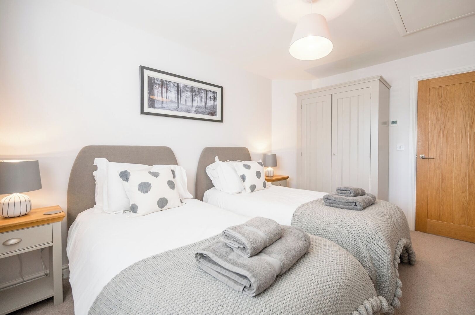 A bedroom with two beds, a wardrobe, a door, and a framed picture on the wall.