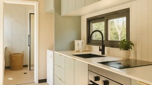 Een moderne keuken met een inbouwoven, een spoelbak en een raam.