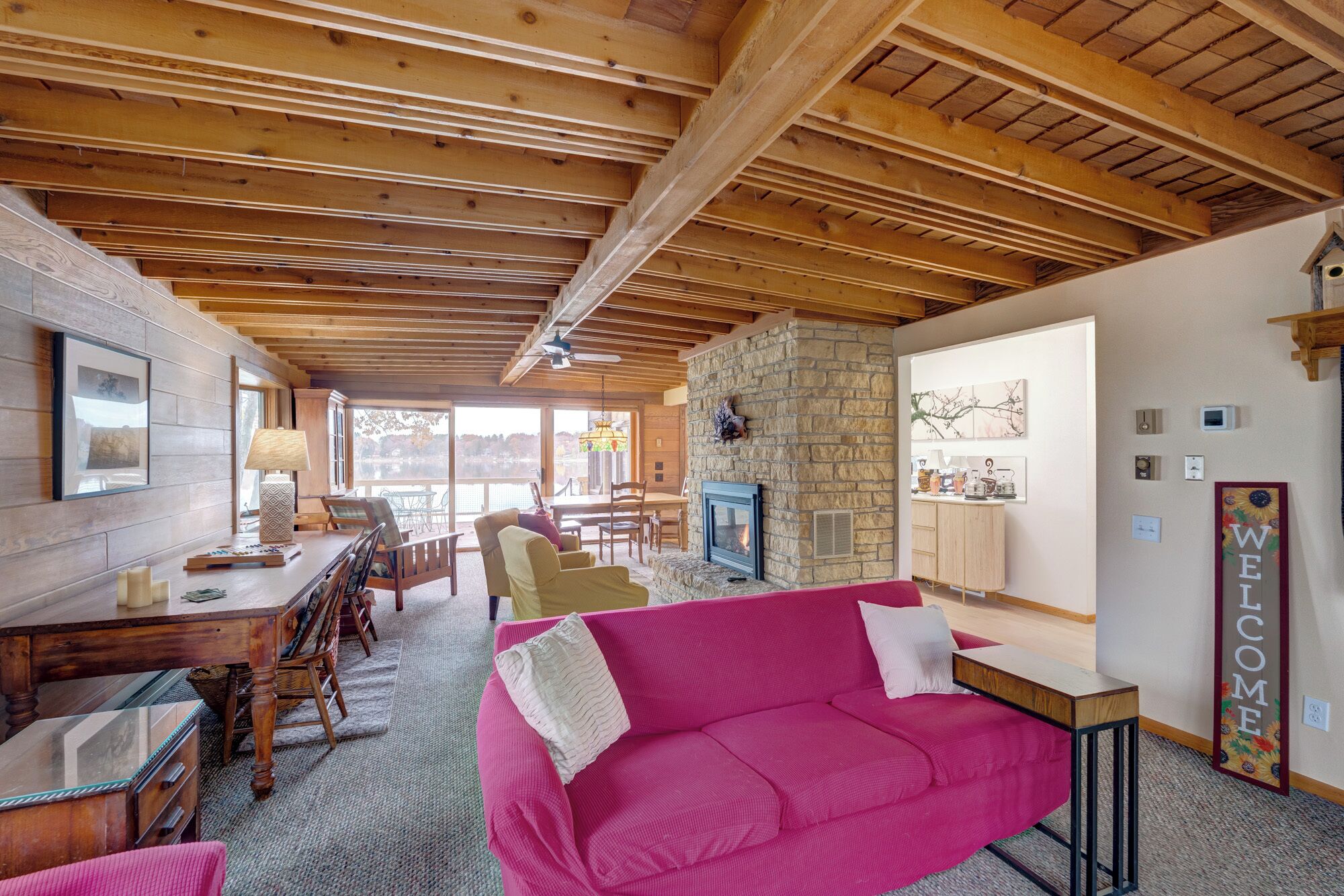 TV, fireplace, books