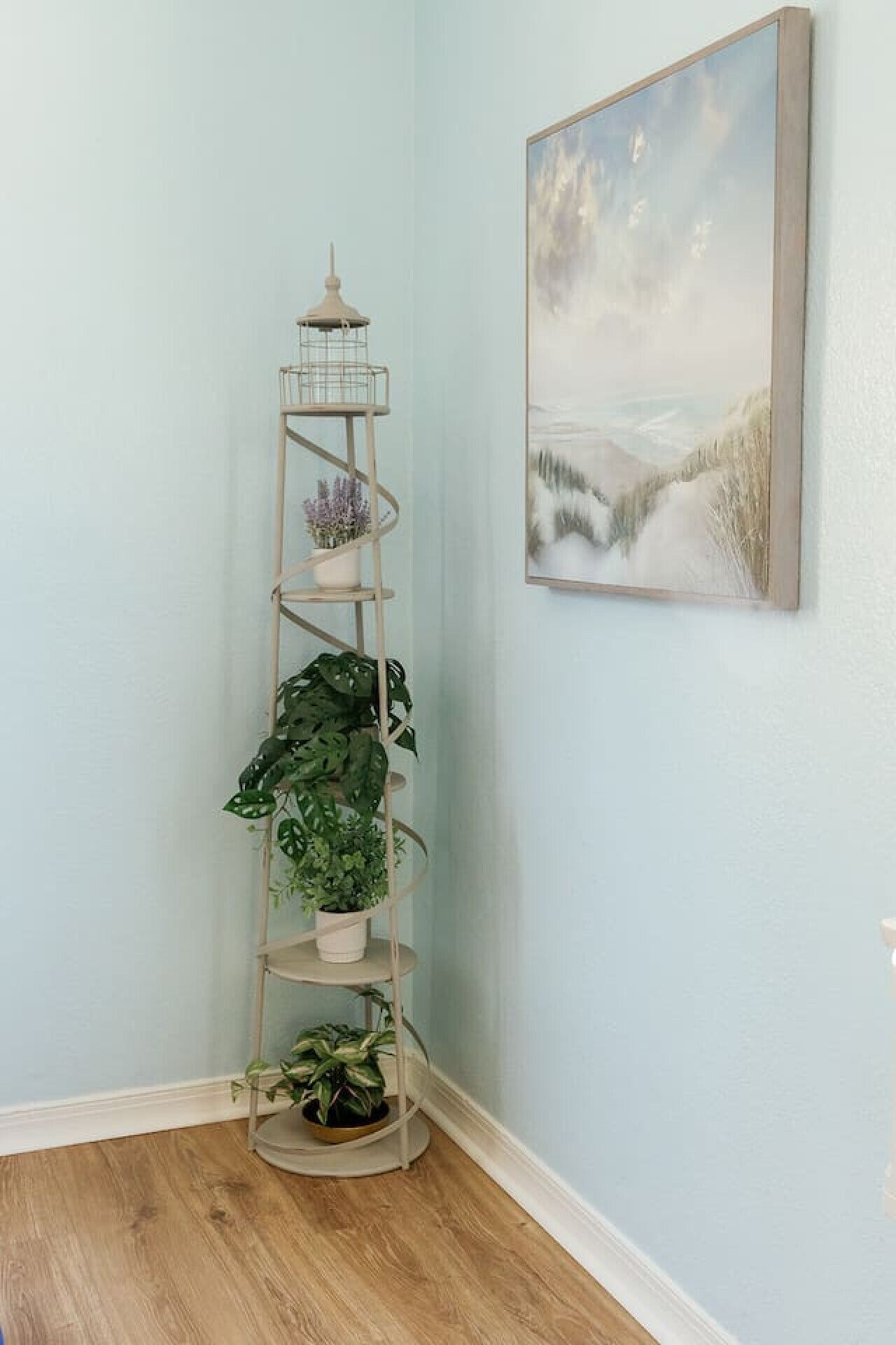 Une pièce d’angle avec un grand présentoir à plantes en spirale adossé à un mur bleu clair, un tableau encadré au-dessus, et un plancher en bois.