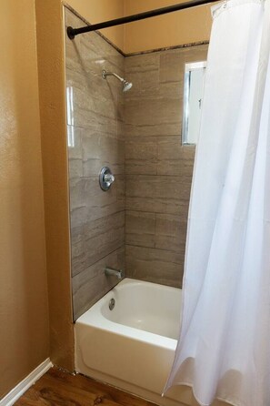 Hair dryer, towels, soap, shampoo
