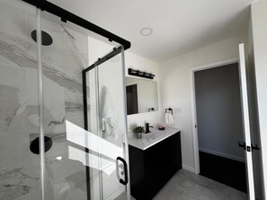 Regadera, secadora de cabello, toallas, jabón 