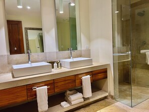 Hair dryer, towels, soap, toilet paper
